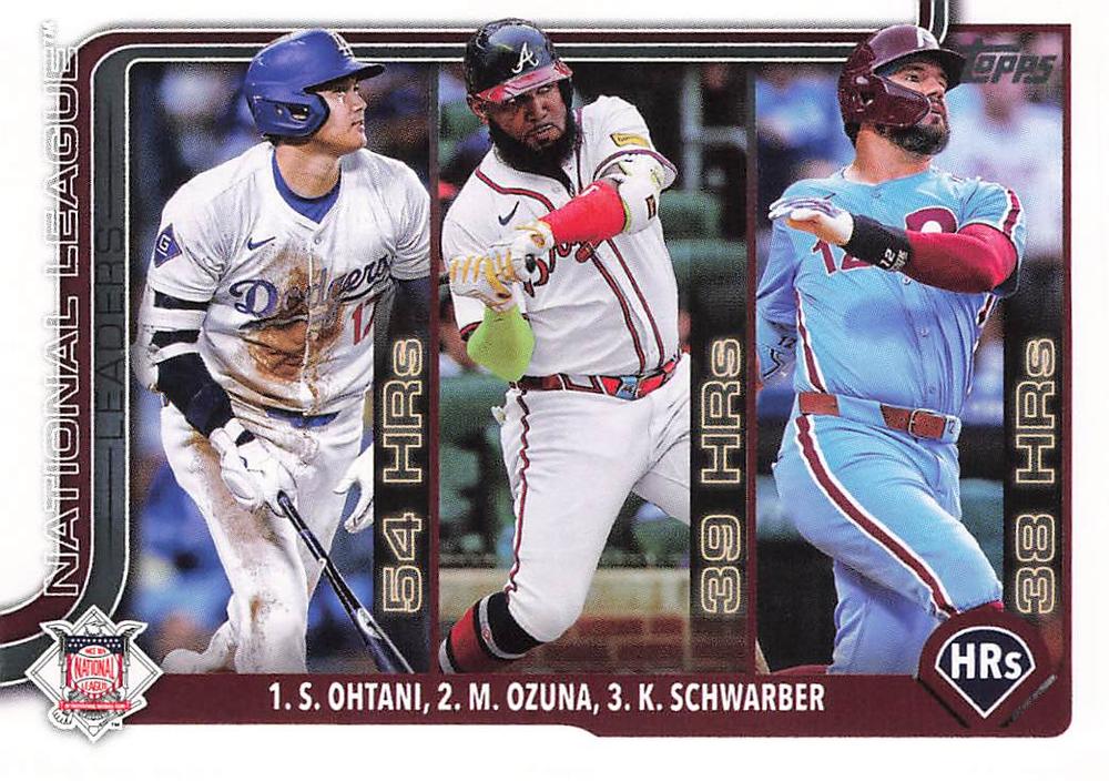#144 National League Leaders HR (Shohei Ohtani / Marcell Ozuna / Kyle Schwarber) - Los Angeles Dodgers / Atlanta Braves / Philadelphia Phillies - 2025 Topps Baseball