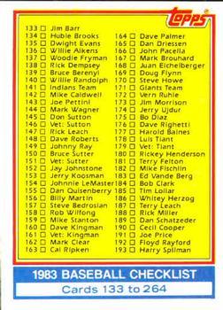 #249 Checklist: 133-264 - - 1983 Topps Baseball