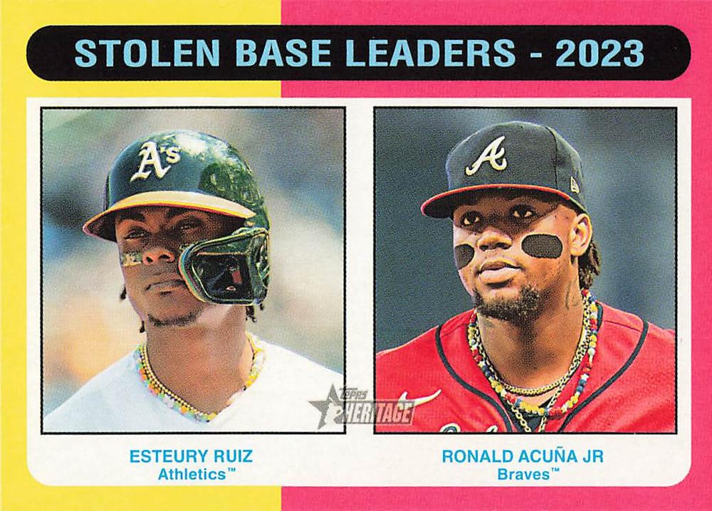 #309 Stolen Base Leaders - 2023 (Esteury Ruiz / Ronald Acuña Jr.) - Oakland Athletics / Atlanta Braves - 2024 Topps Heritage Baseball