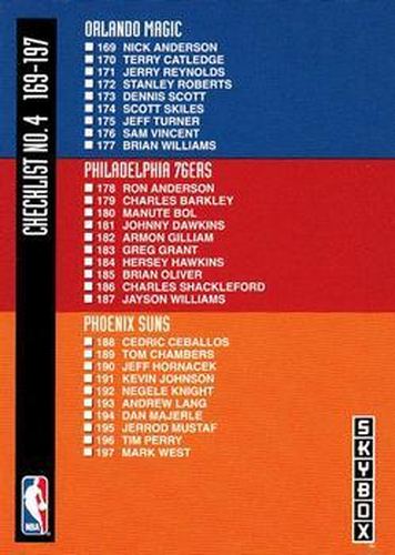 #325 Checklist 4: 169-226 CL - Orlando Magic / Philadelphia 76ers / Phoenix Suns / Portland Trail Blazers / Sacramento Kings / San Antonio Spurs - 1992-93 SkyBox Basketball
