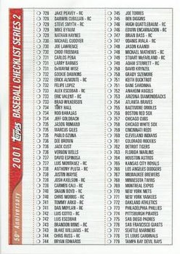 #1/4 Series 2 Checklist- 1 of 4 - 2001 Topps - Checklists Baseball