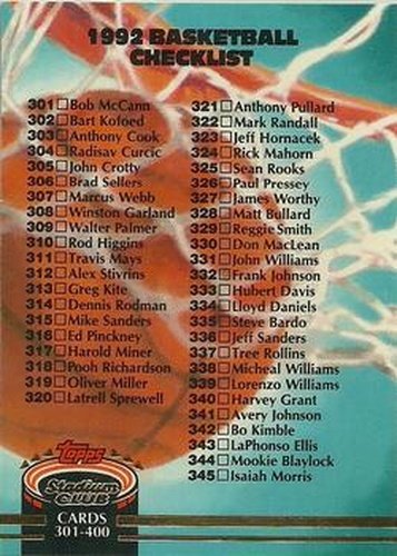 #400 Checklist: 301-400 - 1992-93 Stadium Club Basketball