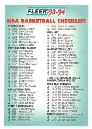 #400 Checklist: 355-400 and Inserts - 1993-94 Fleer Basketball