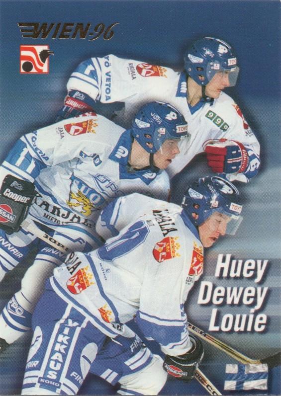 #37 Huey, Dewey, Louie (Saku Koivu / Jere Lehtinen / Ville Peltonen) - Finland - 1996 Semic Collections Wien-96 Hockey