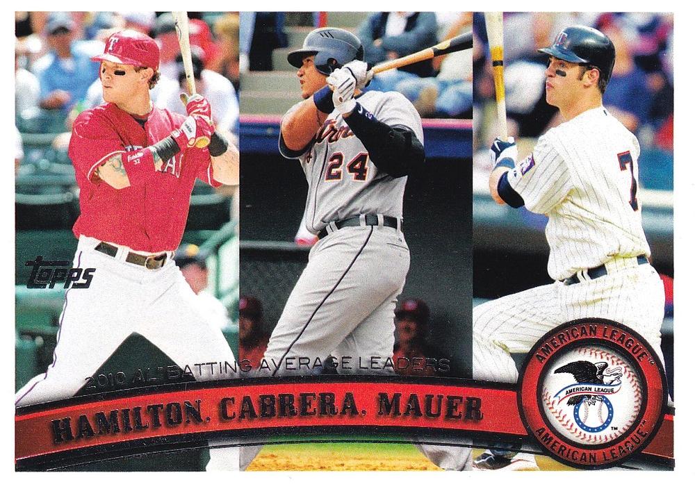 #109 2010 AL Batting Average Leaders (Josh Hamilton / Miguel Cabrera / Joe Mauer) - Texas Rangers / Detroit Tigers / Minnesota Twins - 2011 Topps Baseball
