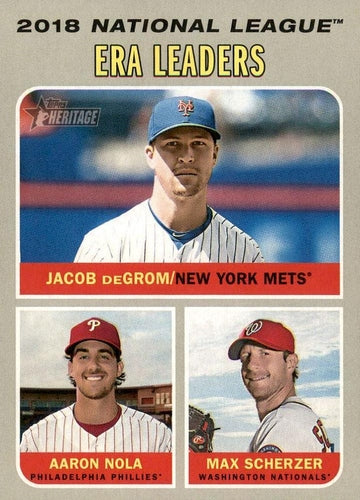 #67 2018 N.L. ERA Leaders Jacob deGrom / Aaron Nola / Max Scherzer - New York Mets / Philadelphia Phillies / Washington Nationals - 2019 Topps Heritage Baseball