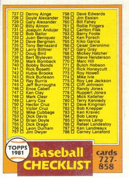 #858 Checklist: 727-858 - 1981 Topps Baseball
