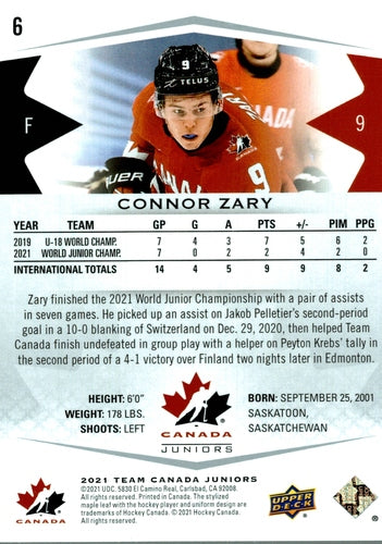 #6 Connor Zary - Canada - 2021-22 Upper Deck Team Canada Juniors Hockey