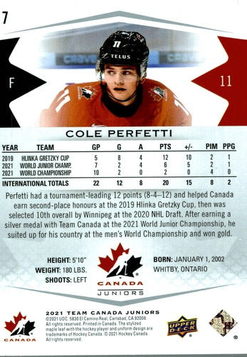 #7 Cole Perfetti - Canada - 2021-22 Upper Deck Team Canada Juniors Hockey