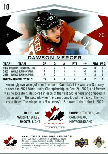 #10 Dawson Mercer - Canada - 2021-22 Upper Deck Team Canada Juniors Hockey