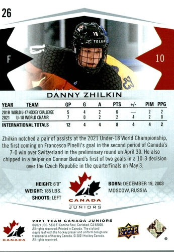 #26 Danny Zhilkin - Canada - 2021-22 Upper Deck Team Canada Juniors Hockey