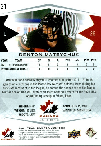 #31 Denton Mateychuk - Canada - 2021-22 Upper Deck Team Canada Juniors Hockey
