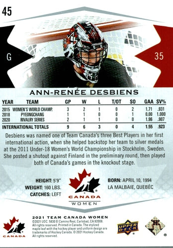 #45 Ann-Renee Desbiens - Canada - 2021-22 Upper Deck Team Canada Juniors Hockey