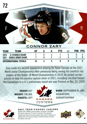 #72 Connor Zary - Canada - 2021-22 Upper Deck Team Canada Juniors Hockey