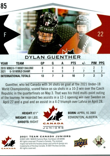 #85 Dylan Guenther - Canada - 2021-22 Upper Deck Team Canada Juniors Hockey