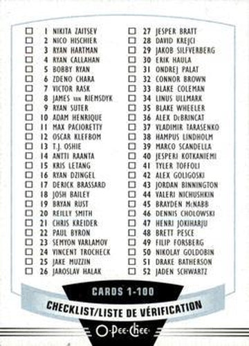 #100 Checklist: 1-100 - - 2019-20 O-Pee-Chee Hockey