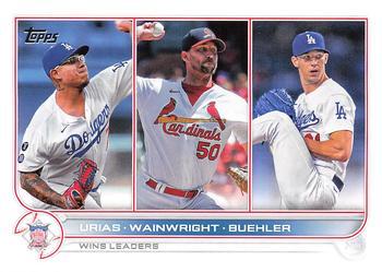 #105 NL Wins Leaders Julio Urias / Adam Wainwright / Walker Buehler - Los Angeles Dodgers / St. Louis Cardinals - 2022 Topps Baseball
