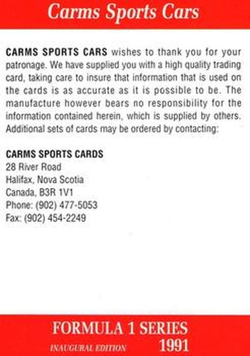 #105 Cover Card - 1991 Carms Formula 1 Racing