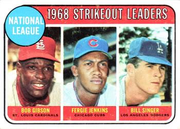 #12 National League 1968 Strikeout Leaders Bob Gibson / Fergie Jenkins / Bill Singer - St. Louis Cardinals / Chicago Cubs / Los Angeles Dodgers - 1969 Topps Baseball