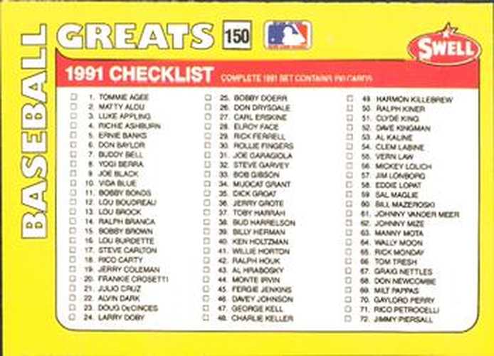 #150 Checklist - 1991 Swell Baseball Greats