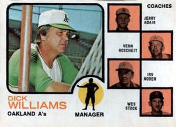 #179a A's Field Leaders Dick Williams / Jerry Adair / Vern Hoscheit / Irv Noren / Wes Stock - Oakland Athletics - 1973 Topps Baseball