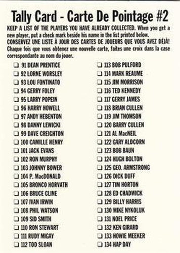 #180 Tally Card 2: 91-180 - 1994 Parkhurst Missing Link 1956-57 Hockey