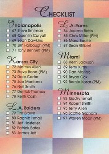 #199 Checklist - Indianapolis Colts / Kansas City Chiefs / Los Angeles Raiders - 1994 SkyBox Premium Football