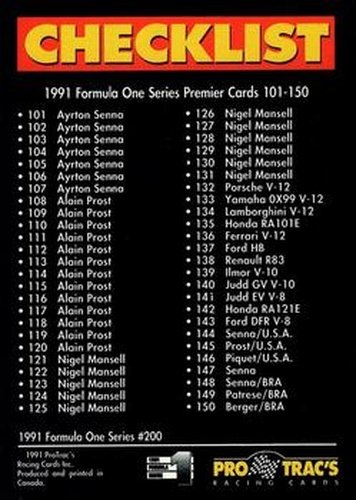 #200 Checklist 2 - 1991 ProTrac's Formula One Racing