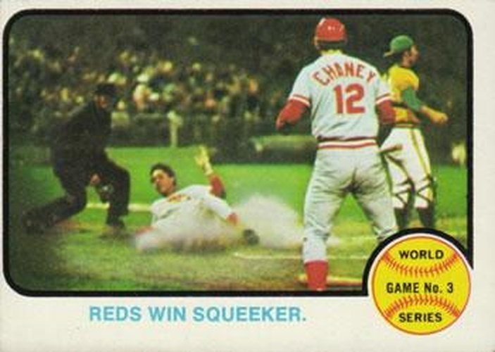 #205 World Series Game No. 3 - Reds Win Squeaker - Cincinnati Reds / Oakland Athletics - 1973 Topps Baseball