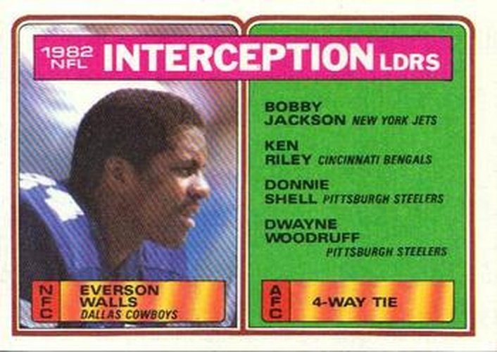 #206 1982 Interception Leaders - Everson Walls / Bobby Jackson / Ken Riley / Donnie Shell / Dwayne Woodruff - Dallas Cowboys / New York Jets / Cincinnati Bengals / Pittsburgh Steelers - 1983 Topps Football