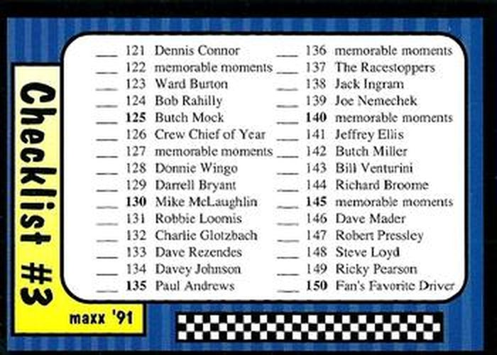 #239 Checklist 121-180 - 1991 Maxx Racing