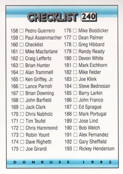 #240 Checklist 158-237 - 1992 Donruss Baseball