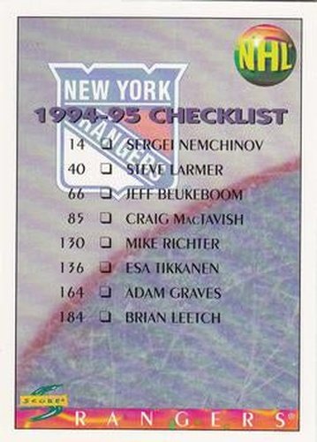 #270 Checklist - New York Rangers / Ottawa Senators - 1994-95 Score Hockey