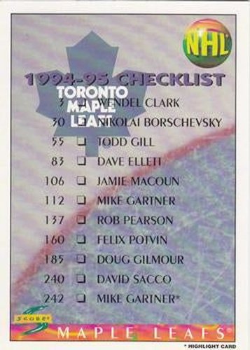 #274 Checklist - Toronto Maple Leafs / Vancouver Canucks - 1994-95 Score Hockey