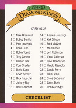 #27 Diamond Kings Checklist 1-26 - 1989 Donruss Baseball