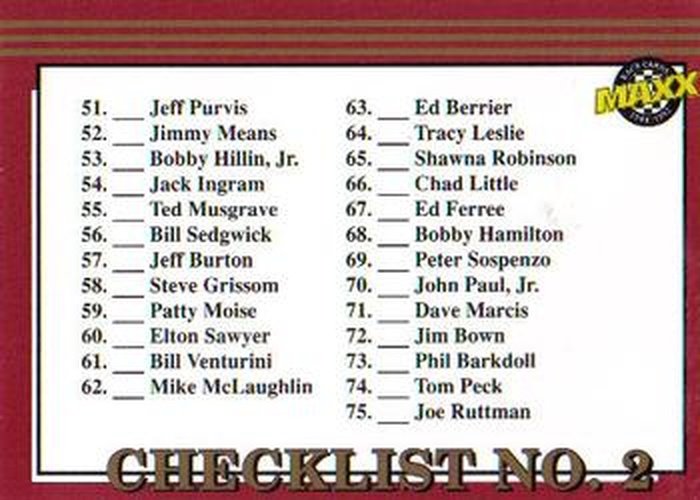#296 Checklist No. 2 - 1992 Maxx Racing