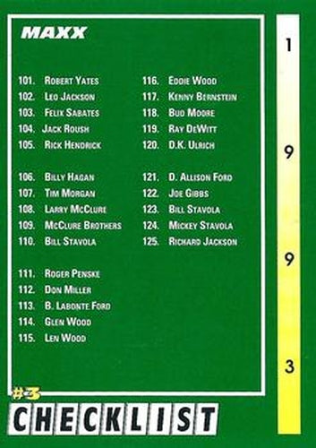#297 Checklist #3 - 1993 Maxx Racing