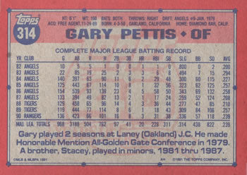 #314 Gary Pettis - Texas Rangers - 1991 Topps Baseball