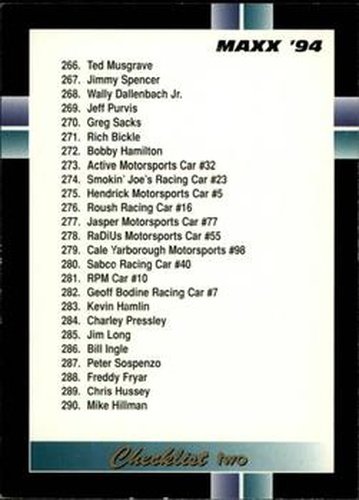 #320 Checklist Card 2 - 1994 Maxx Racing