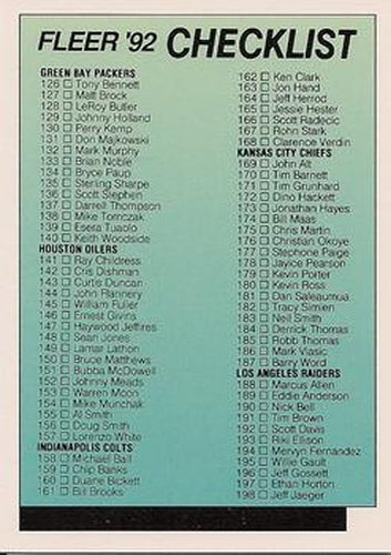 #478 Checklist: 126-268 - Green Bay Packers / Houston Oilers / Indianapolis Colts / Kansas City Chiefs / Los Angeles Raiders / Los Angeles Rams / Miami Dolphins / Minnesota Vikings / New England Patriots - 1992 Fleer Football