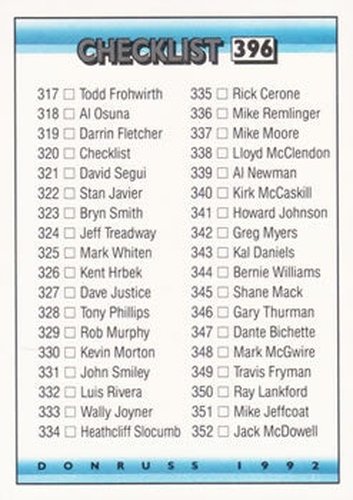 #396 Checklist 317-396 - 1992 Donruss Baseball