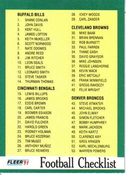 #429 Checklist: 1-109 - Buffalo Bills / Cincinnati Bengals / Cleveland Browns / Denver Broncos / Houston Oilers / Indianapolis Colts / Kansas City Chiefs / Los Angeles Raiders - 1991 Fleer Football