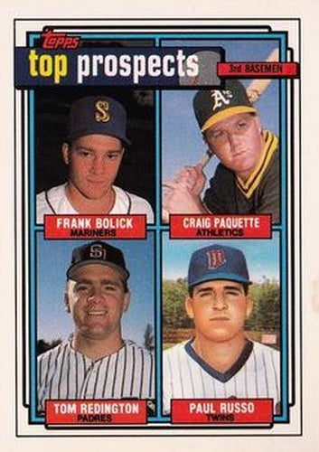 #473 1992 Top Prospects 3rd Basemen Frank Bolick / Craig Paquette / Tom Redington / Paul Russo - Seattle Mariners / Oakland Athletics / San Diego Padres / Minnesota Twins - 1992 Topps Baseball