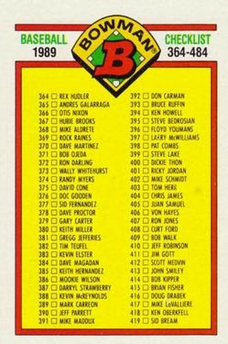 #484 Checklist: 364-484 - 1989 Bowman Baseball