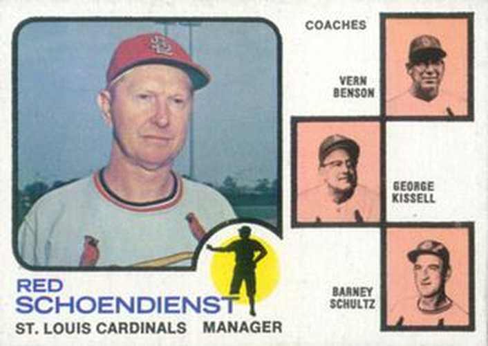 #497a Cardinals Field Leaders Red Schoendienst / Vern Benson / George Kissell / Barney Schultz - St. Louis Cardinals - 1973 Topps Baseball