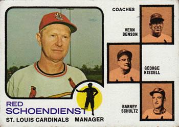 #497b Cardinals Field Leaders Red Schoendienst / Vern Benson / George Kissell / Barney Schultz - St. Louis Cardinals - 1973 Topps Baseball