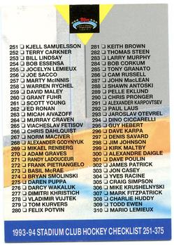 #499 Checklist 251-375 - 1993-94 Stadium Club Hockey
