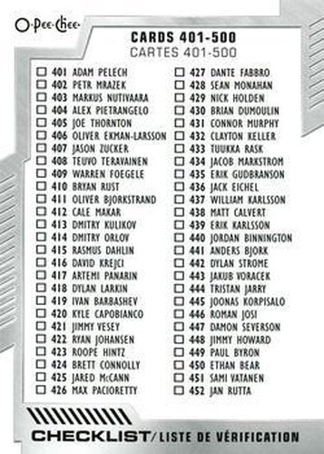 #500 Checklist: 401-500 - 2020-21 O-Pee-Chee Hockey