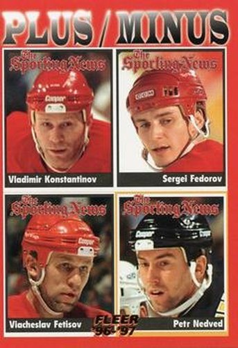#143 Plus/Minus Vladimir Konstantinov / Sergei Fedorov / Viacheslav Fetisov / Petr Nedved - Detroit Red Wings / Pittsburgh Penguins - 1996-97 Fleer Hockey