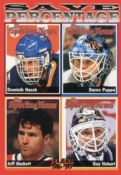 #147 Save Percentage Dominik Hasek / Daren Puppa / Jeff Hackett / Guy Hebert - Buffalo Sabres / Tampa Bay Lightning / Chicago Blackhawks / Anaheim Mighty Ducks - 1996-97 Fleer Hockey